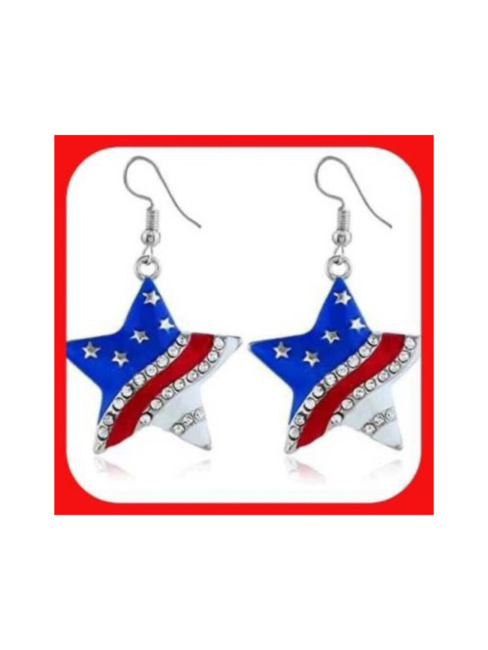 PATRIOTIC 4TH OF JULY RED WHITE & BLUE STAR RHINESTONE DANGLE EARRINGS